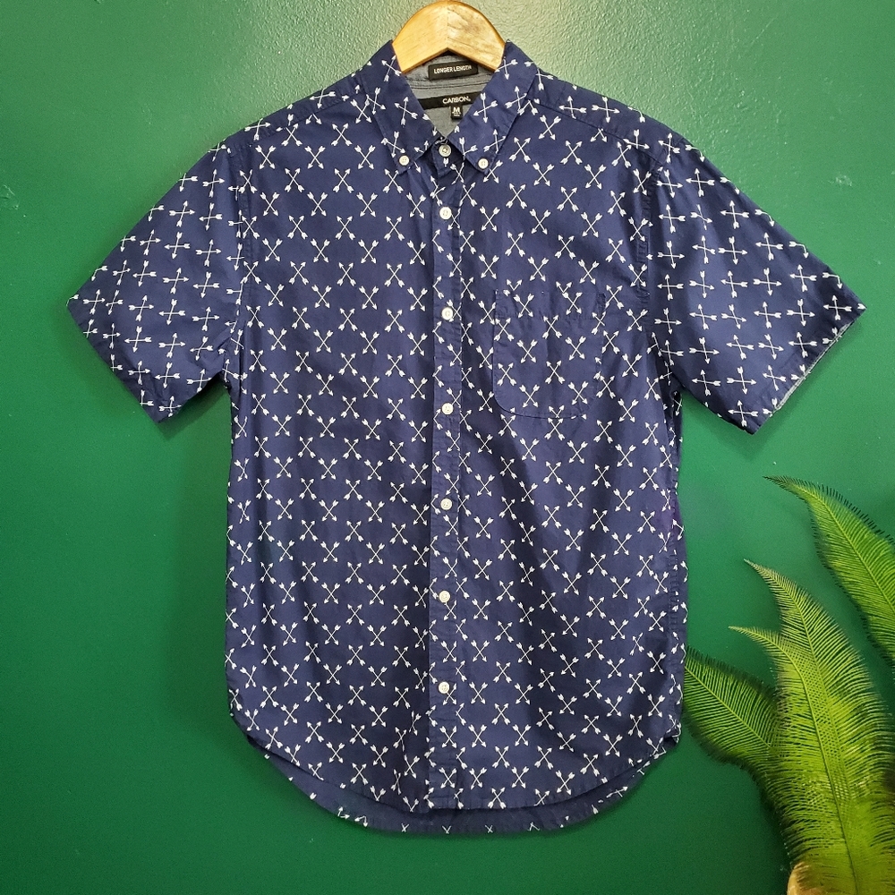 Carbon Longer Length Arrows Button Down Shirt Blue